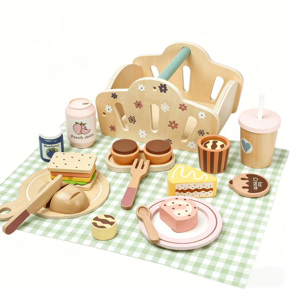 ZIOBLW Wooden Pretend Play Picnic Food Set for Kids, Toy with Basket, Tableware and Accessories, Educational Role Play Toy for Toddlers