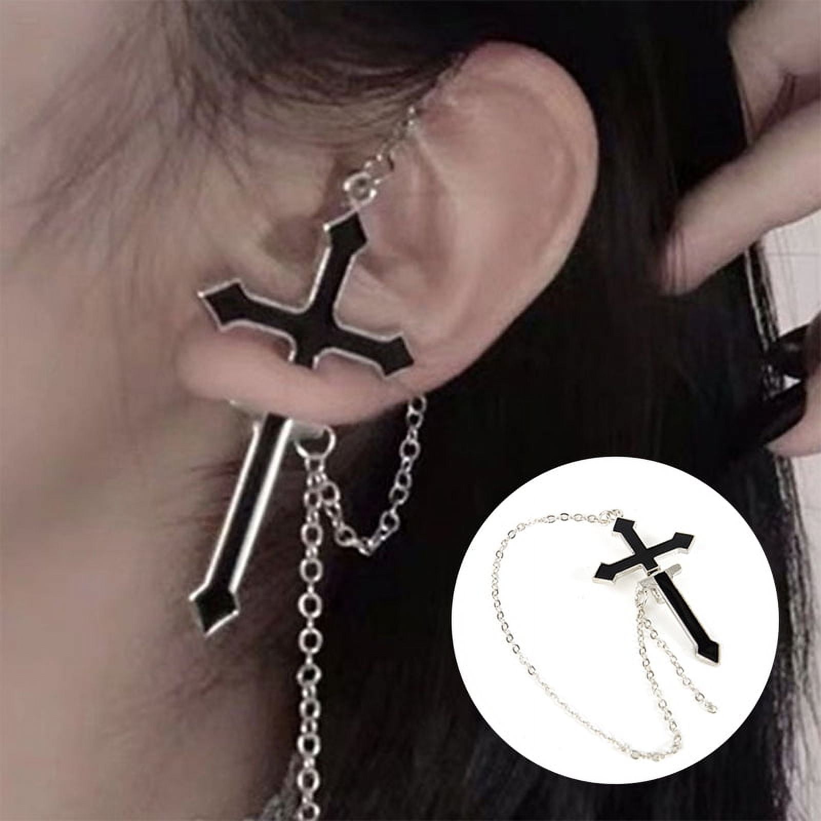 1Pc Black Cross Drop Earring with Chain Ear Cuff Trendy Women