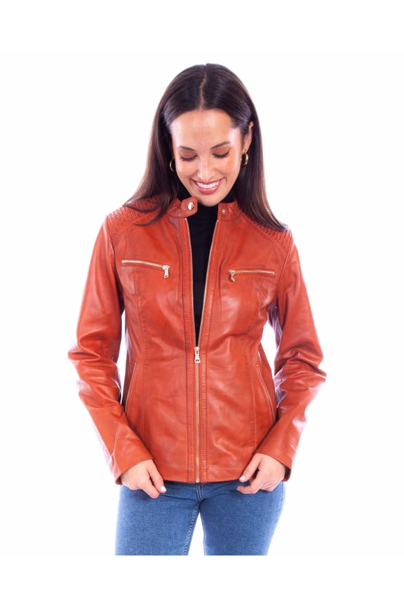 Scully L1115-119-M Womens Cafe Racer Zip Leather Jacket, Rust - Medium