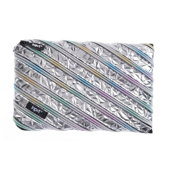 ZIPIT Metallic Large Pencil Case for Girls, Large Capacity Pencil Pouch, Case for Elementary School & Middle School (Silver-Rainbow)