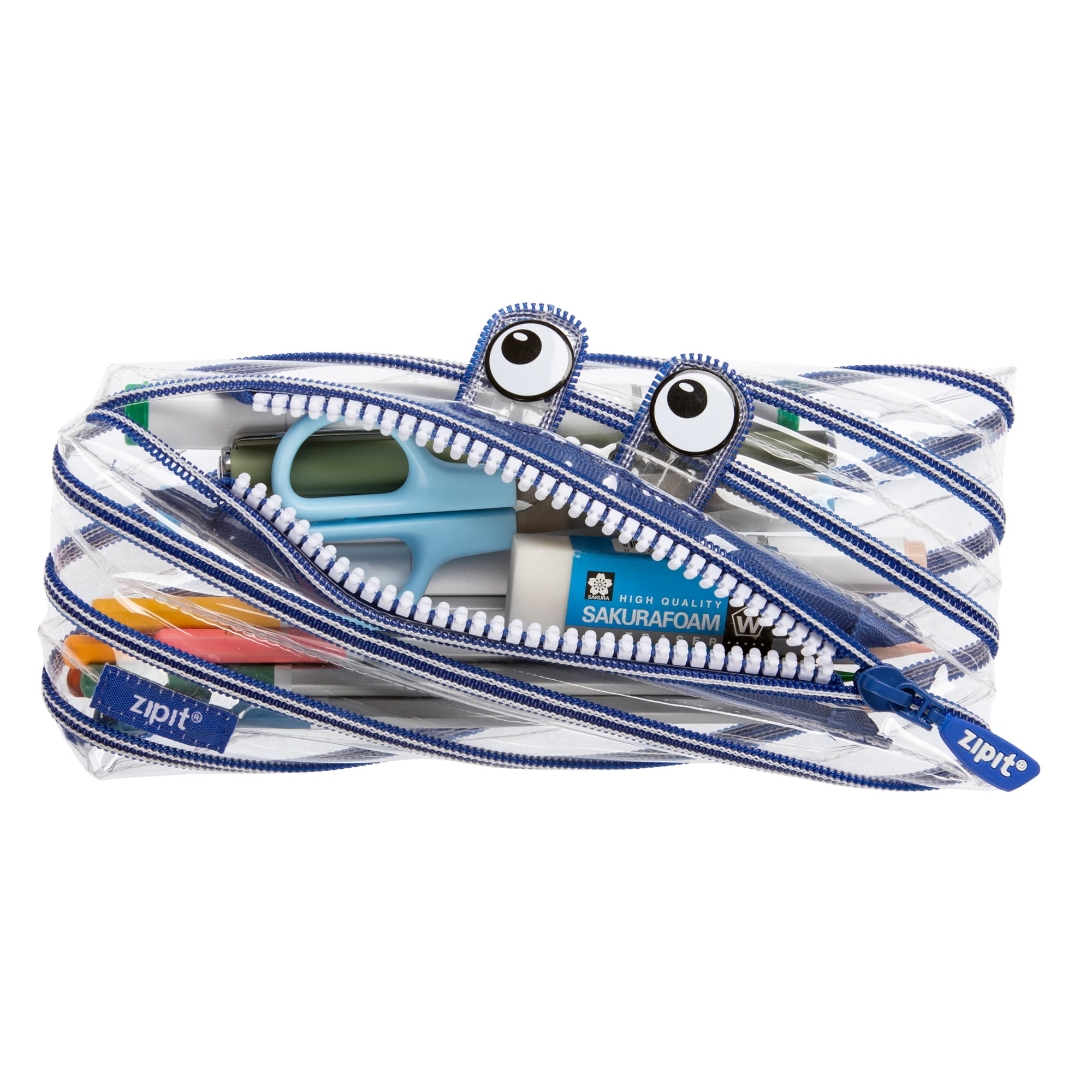 ZIPIT Monster Pencil Case, Clear Pencil Pouch, Holds up to 30 Pens, Made of One Long Zipper! (Clear Blue)