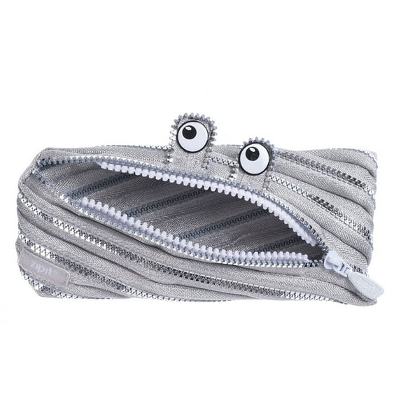 ZIPIT Monster Pencil Case for Kids, Large Capacity Cute Pencil Pouch, Holds up to 30 Pens, Made of One Long Zipper (Silver)