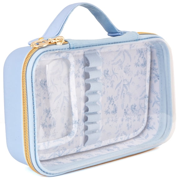 ZIPIT: Travel Makeup Bag - Blue & White Flowers - Protective Hard Shell, Large Cosmetic Case, Transparent Zipper Lid, Carry Handle, Toiletry Organizer
