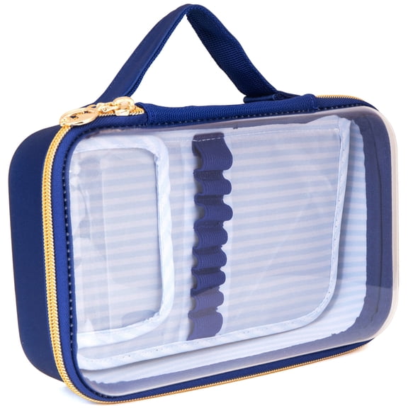 ZIPIT: Travel Makeup Bag - Navy Blue & White Stripes - Protective Hard Shell, Large Cosmetic Case, Transparent Zipper Lid, Handle, Toiletry Organizer
