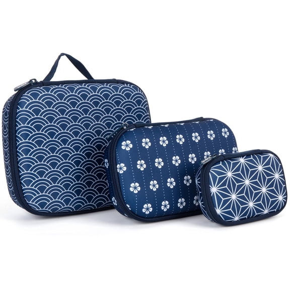 ZIPIT: Travel Makeup Bags: 3 Pack - Navy Blue & White Patterns - Lg-Med-Mini Size Storage Cases, Toiletry Packing Zipper Cubes, Cosmetics-Accessories