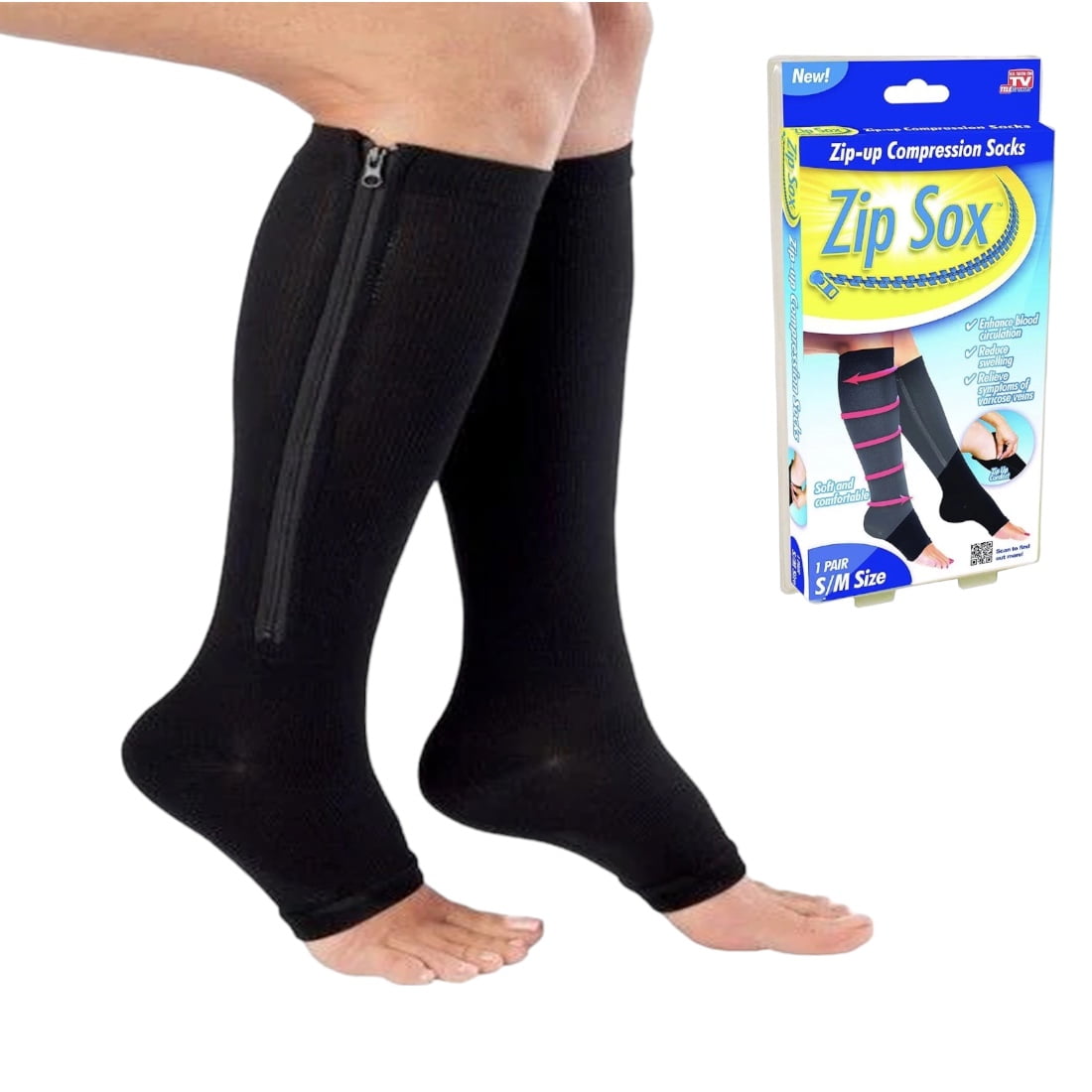 Zip-Up Compression Socks 1 Pair Size Small/Medium Black As Seen On TV Sealed