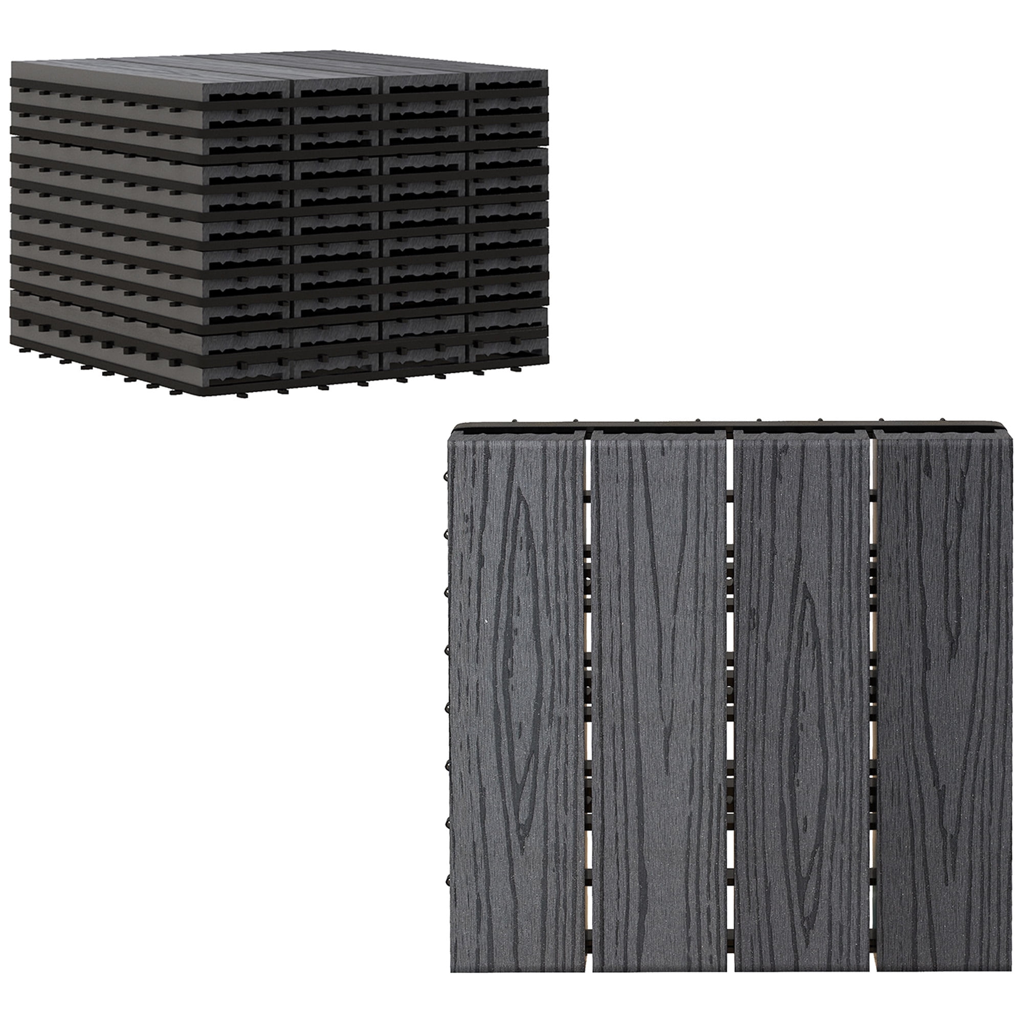 Outsunny 12x12 Wood-Plastic Composite Quick Interlocking Flooring Tiles – 11 Pack Gray