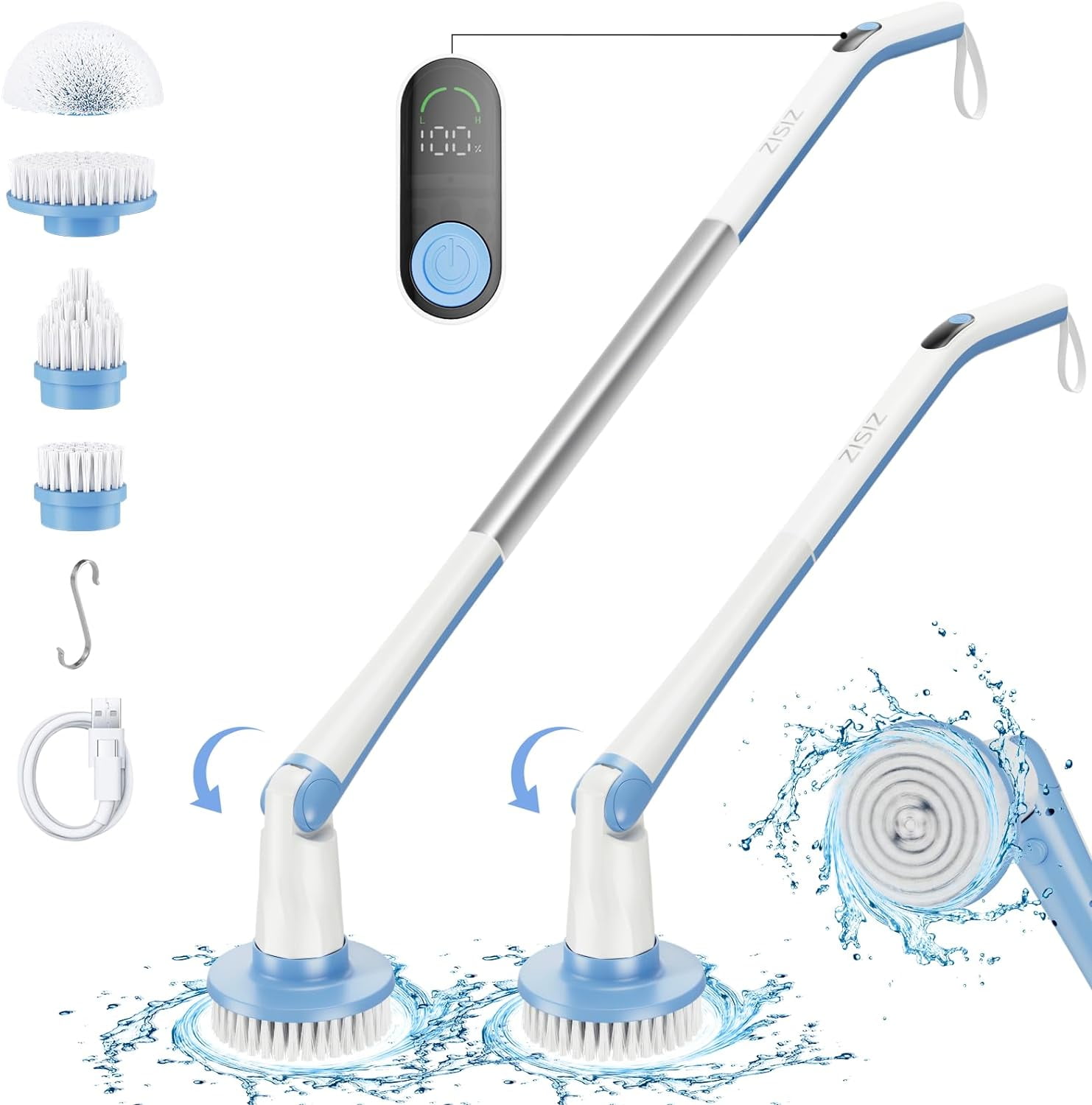 ZISIZ Electric Spin Scrubber, Electric Cleaning Brush with LED Display & 4 Replacement Brush Head