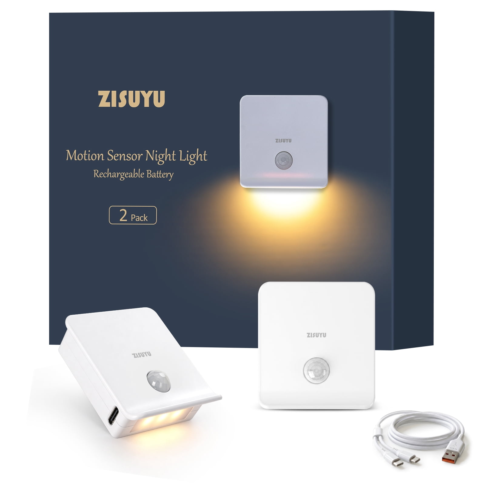 ZISUYU 2-Pack Rechargeable Motion Sensor LED Night Light,Battery Operated Lights Indoor for Adults & Kids,3000K,Warm