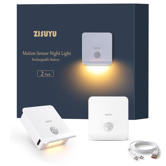 ZISUYU 2-Pack Rechargeable Motion Sensor LED Night Light,Battery Operated Lights Indoor for Adults & Kids,3000K,Warm