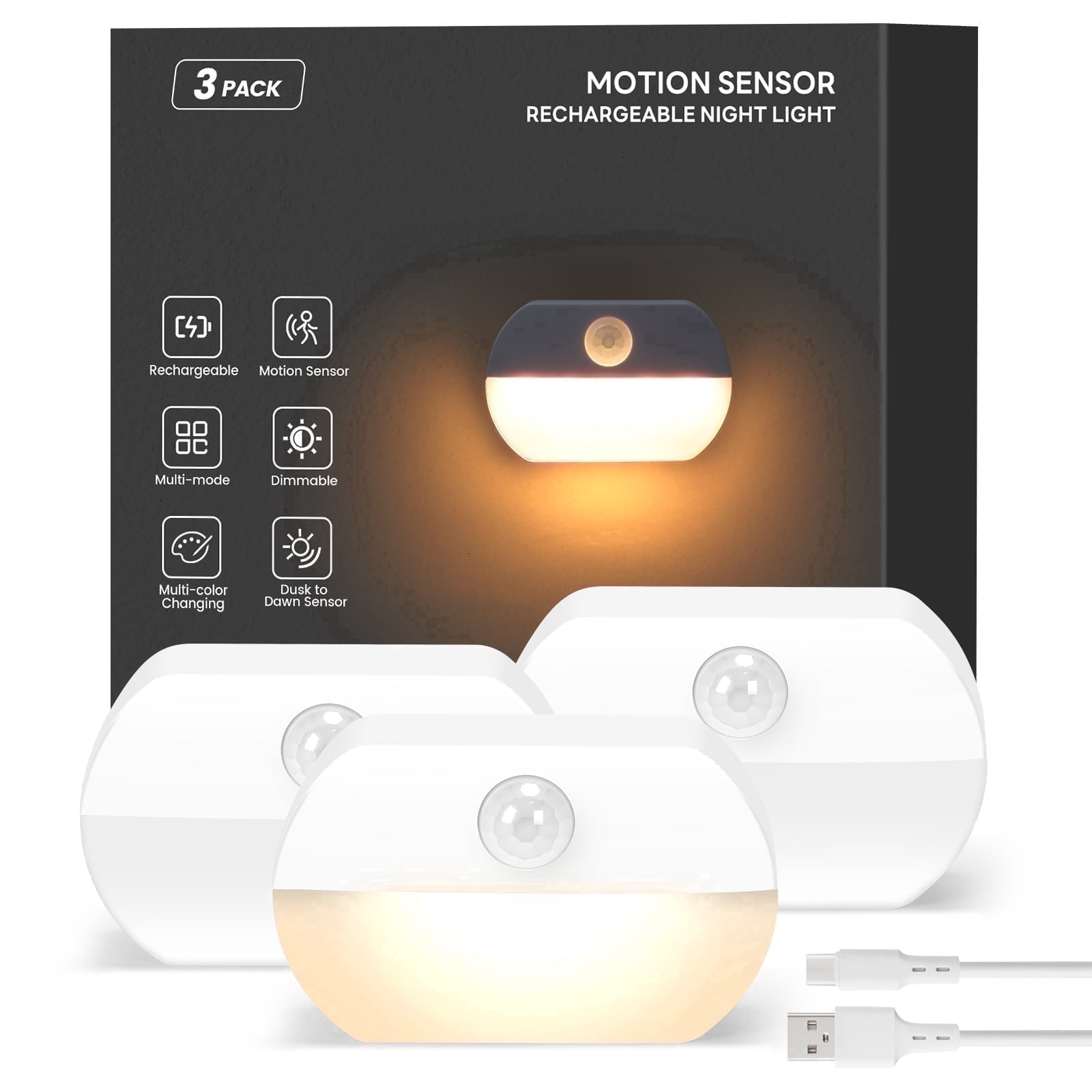 ZISUYU 3-Pack 700mAh Mini Rechargeable Motion Detectors LED Night Lights for Adults & Kids