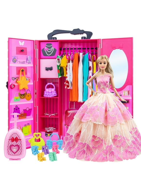 ZITA ELEMENT 11.5 Inch Girl Doll Accessories Doll Closet Wardrobe with Clothes and Accessories Lot 101 Items Including Wardrobe, Suitcase, Clothes etc.