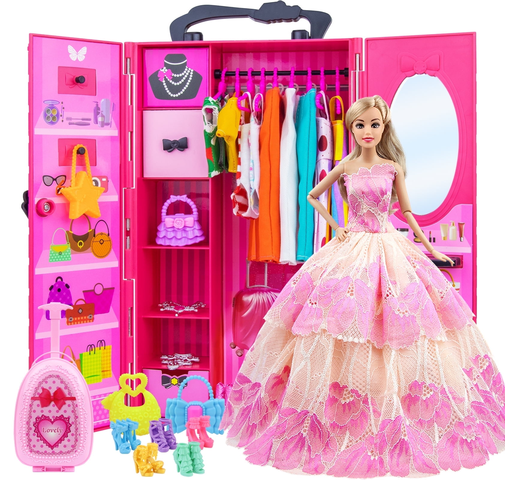 ZITA ELEMENT 11.5 Inch Girl Doll Closet with Clothes and Accessories Set 101 Pcs Including Wardrobe Suitcase Clothes Dresses Swimsuits Shoes Hangers Necklace Bags and Other Stuff