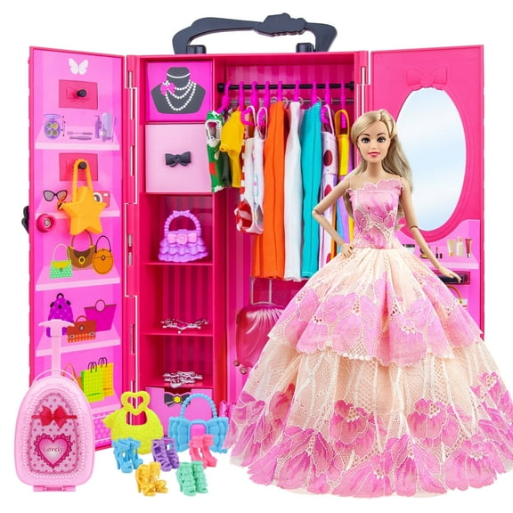 ZITA ELEMENT 11.5 Inch Girl Doll Closet with Clothes and Accessories Set 101 Pcs Including Wardrobe Suitcase Clothes Dresses Swimsuits Shoes Hangers Necklace Bags and Other Stuff