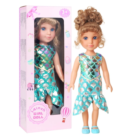 ZITA ELEMENT 14.5 Inch Girl Doll, Mermaid Dress & Shoes, Brown Hair Blue Eyes, Poseable Limbs, Gift for Girls 3+