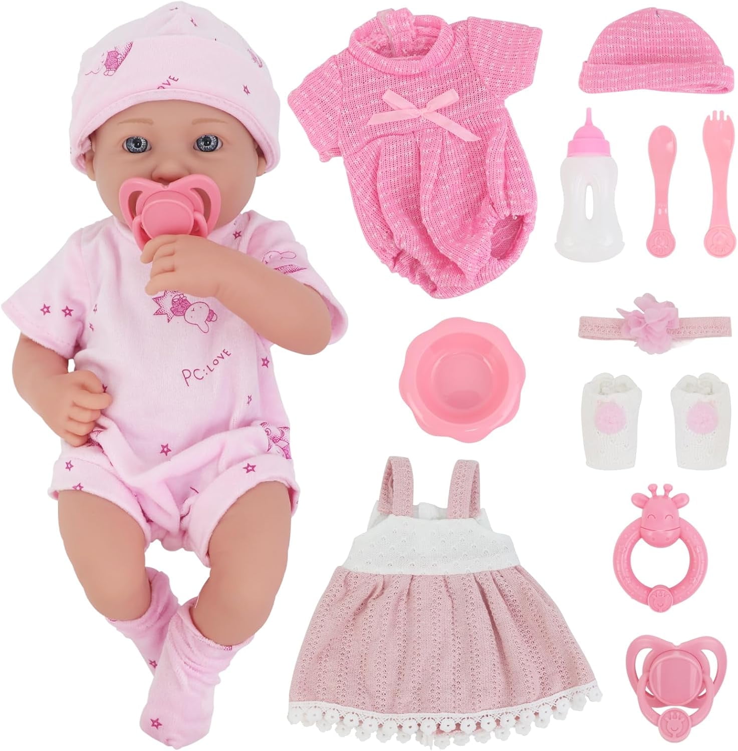 ZITA ELEMENT 14 Inch Baby Doll With Doll Clothes Accessories Set, Reborn Vinyl Body Baby Doll Playset with Hat, Socks, Bottle, Toy Rattle, Pacifier for Toddlers Girls