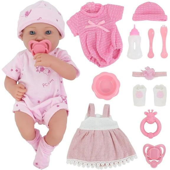 ZITA ELEMENT 14 Inch Baby Doll With Doll Clothes Accessories Set, Reborn Vinyl Body Baby Doll Playset with Hat, Socks, Bottle, Toy Rattle, Pacifier for Toddlers Girls