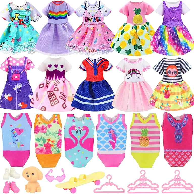 ZITA ELEMENT 16 Pcs 5.3 Inch - 6 Inch Girl Doll Clothes and Accessories - 3  Dresses, 3 Swimsuits, 2 Shoes, 5 Outfits Hangers, 1 Skateboard, 1 Glasses  and 1 Toy Dog 
