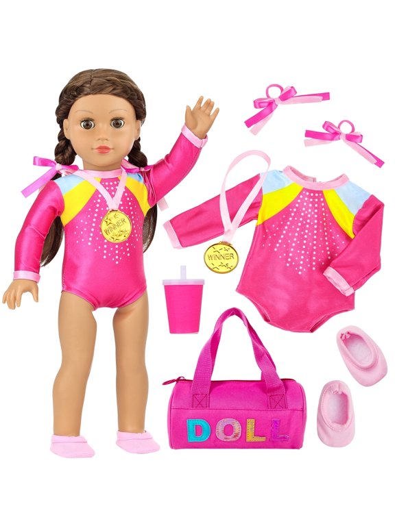 18 inch Doll Gymnastics Clothes & Accessories Set with Leotard, Shoes, Award, Gym Bag, Cup and Hair Clip