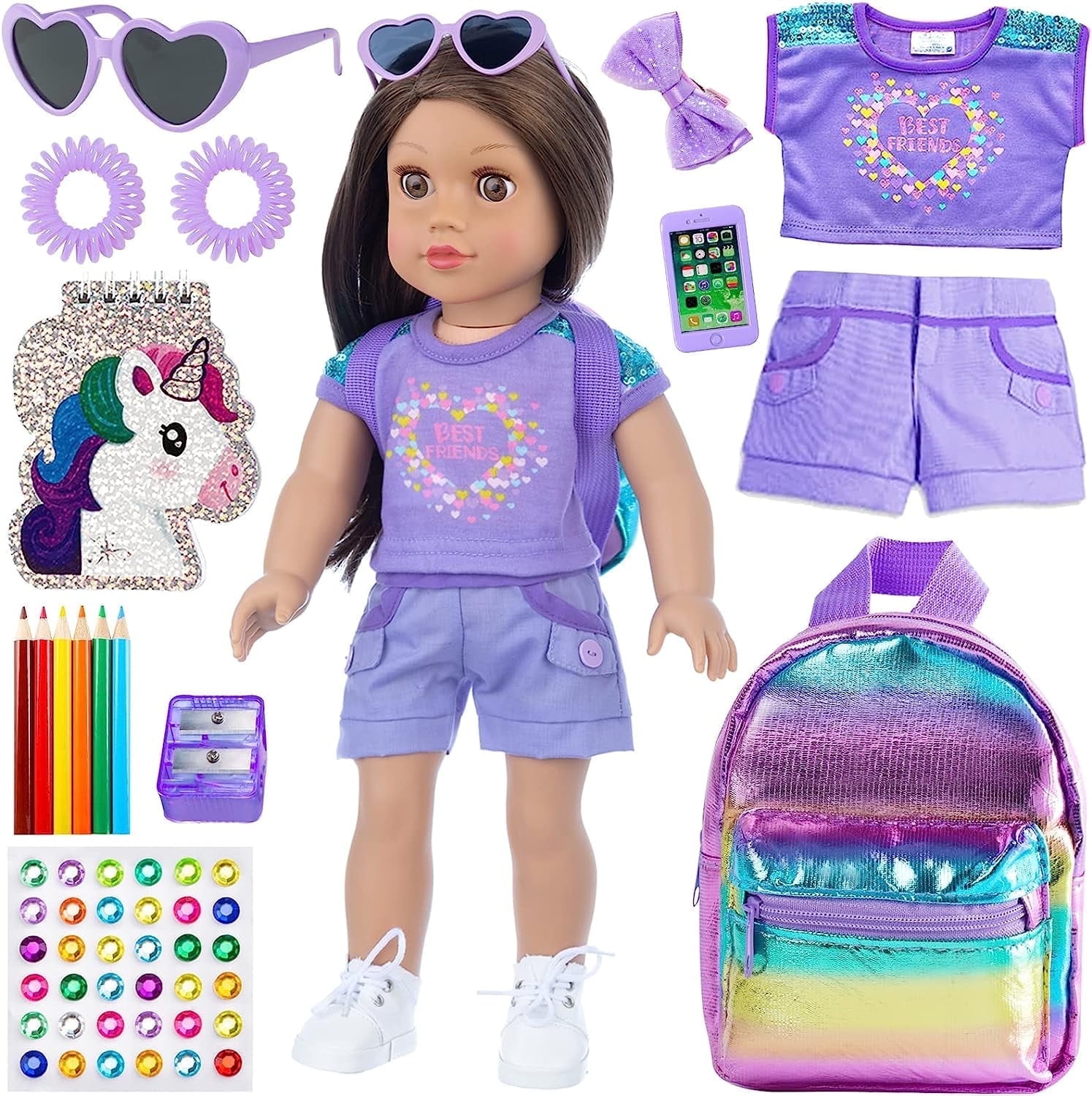 ZITA ELEMENT 18 Inch Girl Doll Clothes and Accessories School Supplies Playset with Doll Clothes,School Bags, Sunglasses, Pencils, Pencil Sharpener, Notebooks, Phone, Hair Clip, Stickers No Doll