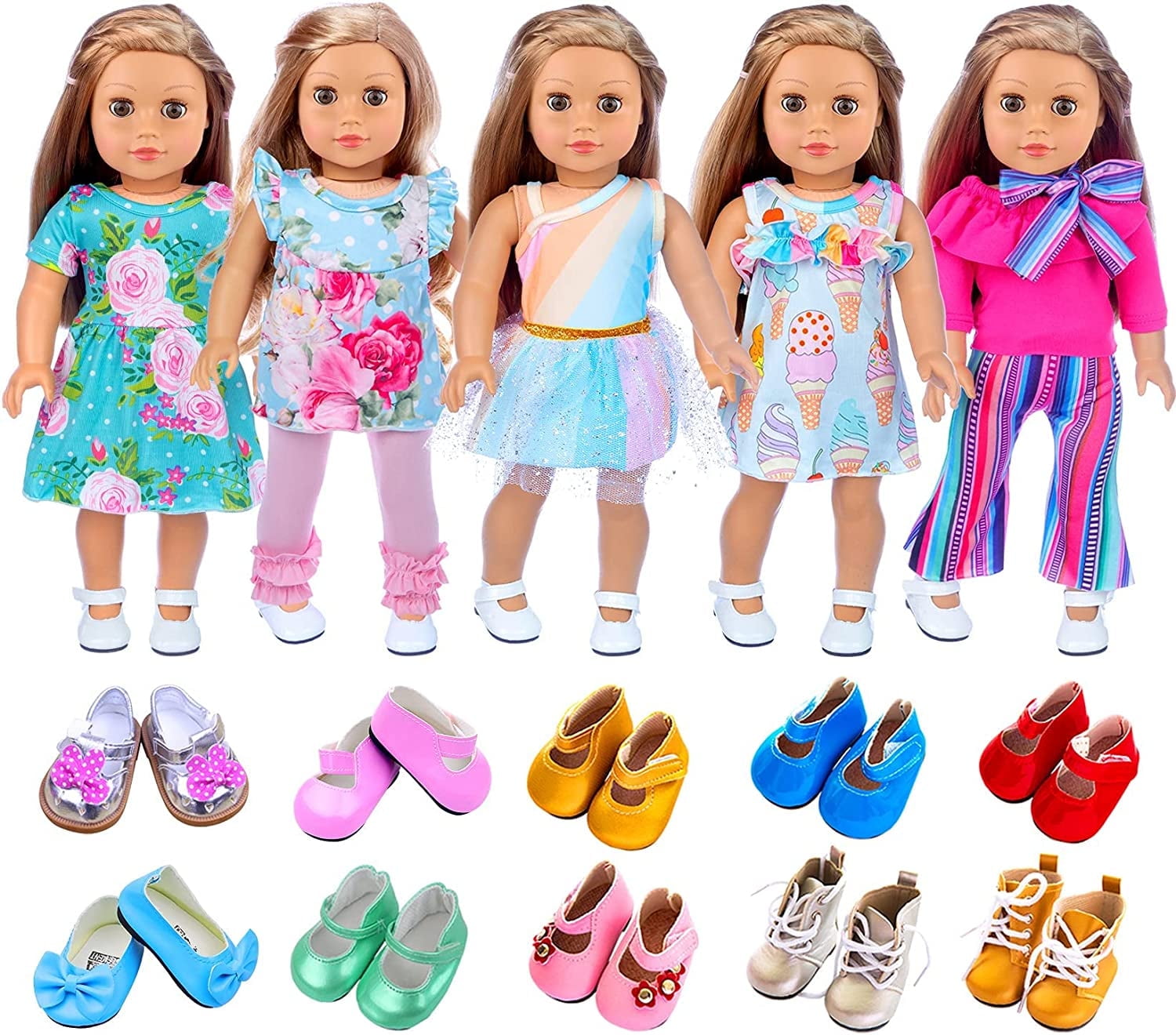 ZITA ELEMENT 18 Inch Girl Doll Clothes Outfits Lot 7 Items, 5 Daily Costumes Clothes + 2 Random Style Doll Shoes for 18 Inch Doll Accessories