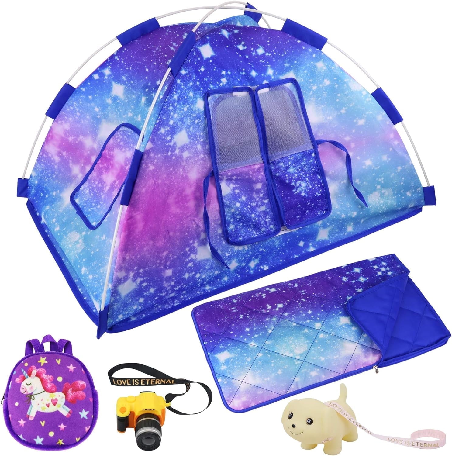 ZITA ELEMENT 5 Items American 18 Inch Doll Camping Tent Set and 18 Inch Doll Accessories Including Doll Tent, Sleeping Bag, Backpack, Toy Camera and Dog