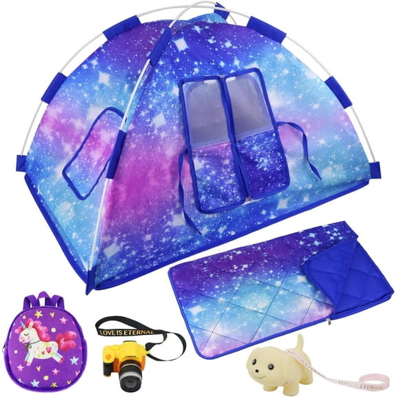 ZITA ELEMENT 5 Items American 18 Inch Doll Camping Tent Set and 18 Inch Doll Accessories Including Doll Tent, Sleeping Bag, Backpack, Toy Camera and Dog