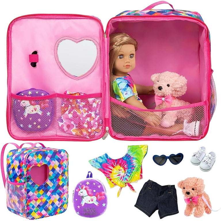 ZITA ELEMENT 7 Items American 18 Inch Doll Bag Doll Case Set and Doll  Accessories Including 18 Inch Doll Clothes, Shoes, Sunglasses, Doll  Backpack and