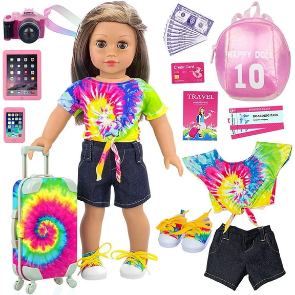 ZITA ELEMENT American 18 inch Doll Suitcase Travel Play Set 23Pcs - Including Clothes, Shoes, Backpack, Camera & other Accessories