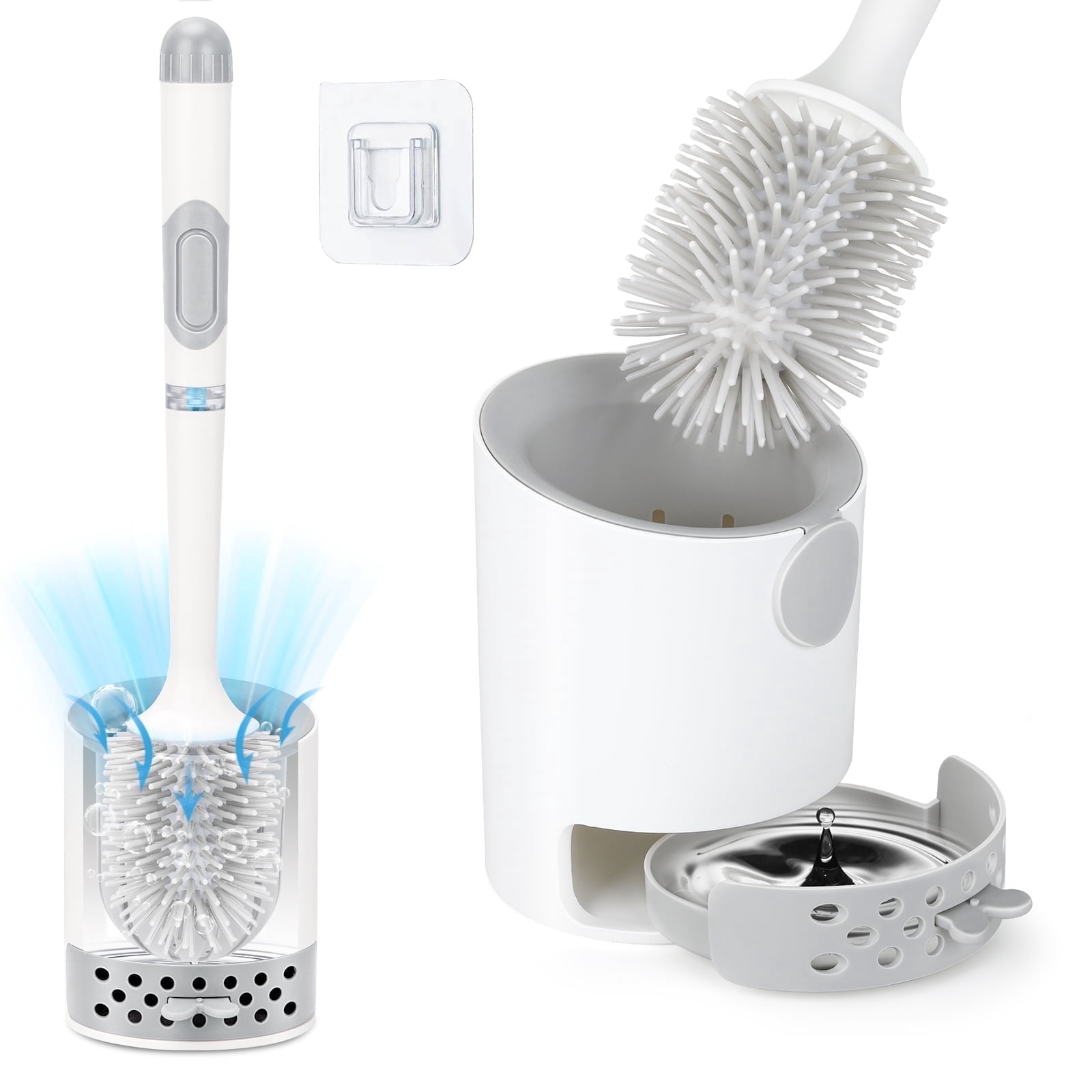 Toilet Brush And Holder Set - Compact, Drip-Proof, Wall Mountable, White & Grey With Nylon Bristles