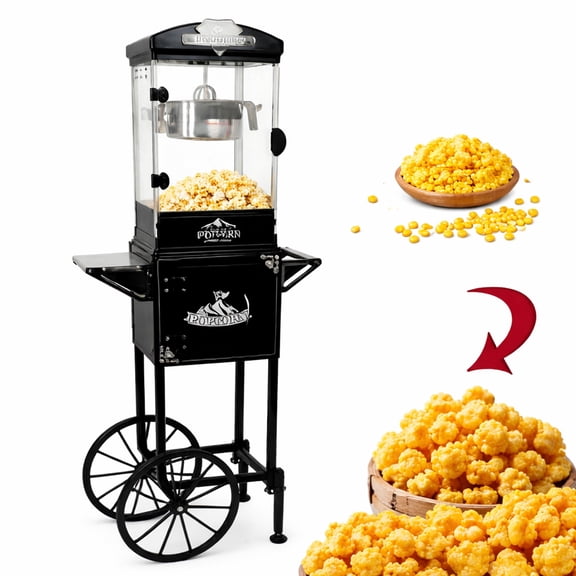 ZIVACATE 10 Oz Popcorn Machine with Cart & Wheels, Popcorn Maker with 3 Plastic Spoon, Professional Movie Theater Style Popcorn Popper for Home & Commercial Use, Black