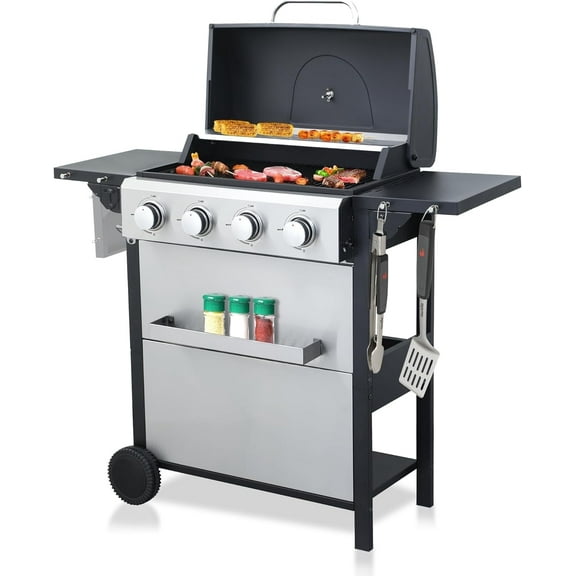 ZIVACATE 4 Burner Propane Gas BBQ Grill with Enameled Cast Iron Grates, BBQ Grill with Bottle Opener,Stainless Steel Finish, 34200BTU