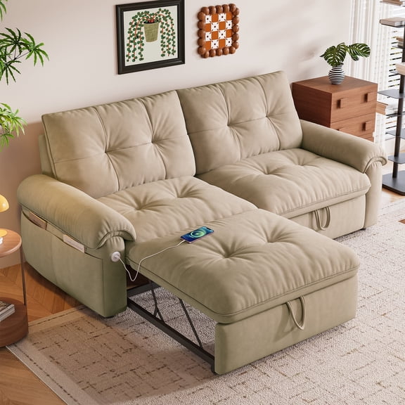 ZIVACATE 4-in-1 Convertible Sleeper Sofa Bed with Chaise, Velvet Convertible Sleeper Sofa with Storage and USB Charging, Comfy Loveseat RV Sleeper Couch That Turns into Bed (Brown)