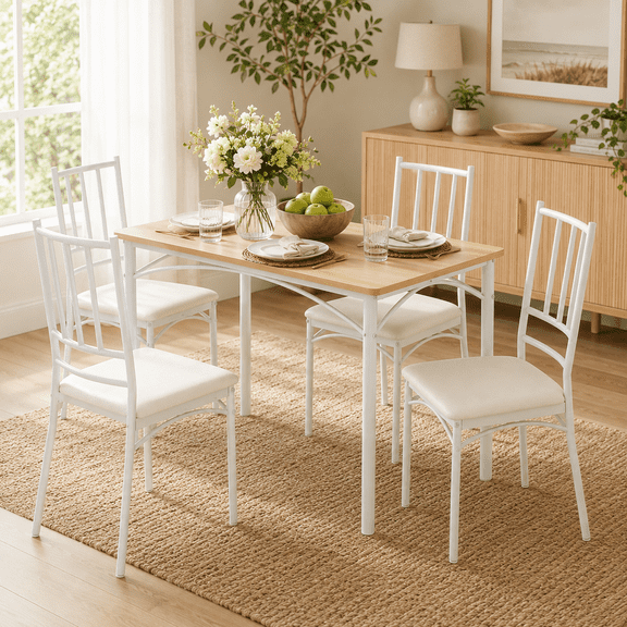 ZIVACATE 5 Piece Dining Table Set for 4, Industrial for Kitchen Table Counter with 4 PU Dining Benches, Space-Saving, Rectangle Kitchen Table and Chairs for Dining Room, Apartment, Natural White