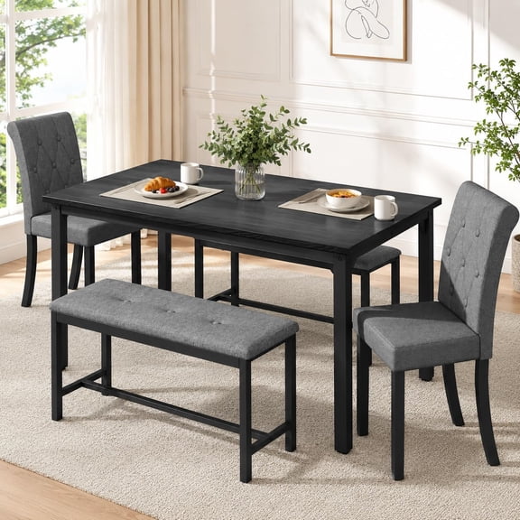ZIVACATE 5 Piece Dining Table Set for 6, Wooden Kitchen Table with 2 Upholstered Bench & 2 Cushion Chairs,for Small Spaces, Studio, Kitchen, Dining Room, Apartment, Gray
