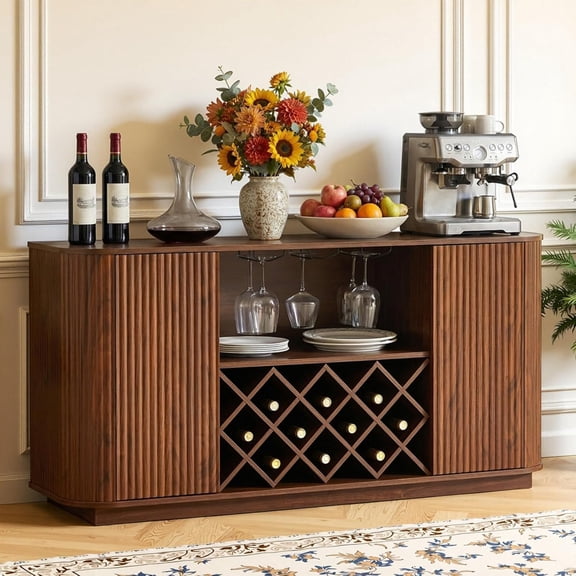 ZIVACATE 58" Wine Bar Cabinet, Wavy Curve Sideboard Storage Cabinet with Wine Rack&Glassware Holder, 2 Adjustable Shelves and 2 Doors, Modern Buffet Sideboard for Kitchen Living Dining Room, Walnut