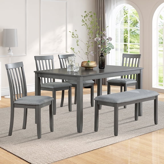 ZIVACATE 6-Piece Dining Set with Bench for 6, Gray Upholstered Dining Table Set with Wooden Legs, Includes 1 Table, 4 Padded Chairs & 1 Kitchen Bench for Dining Room
