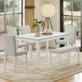 thumbnail image 1 of ZIVACATE 6-Piece Solid Wood Dining Table Set, Including 1 Dining Table, 4 Upholstered Chairs and 1 Bench, Wooden Legs Dining Table Set for Dining Room, Kitchen, Restaurant, White Diamond, 1 of 12