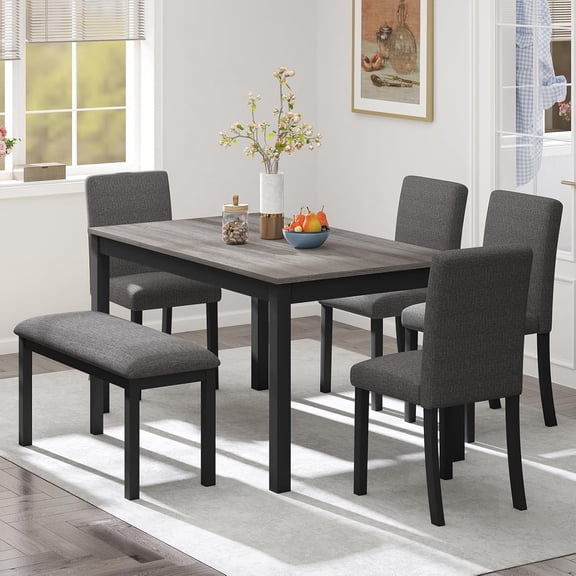 ZIVACATE 6-Piece Solid Wood Dining Table Set, Including 1 Dining Table, 4 Upholstered Chairs and 1 Bench, Wooden Legs Dining Table Set for Dining Room, Kitchen, Restaurant, Dark Gray