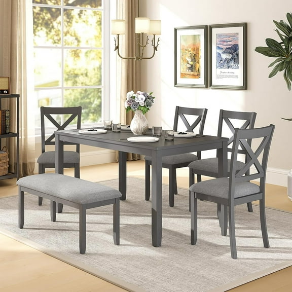 ZIVACATE 6-Piece Wooden Dining Table Set, Dining Table Set for 6, Including 1 Dining Table, 4 Upholstered Chairs and 1 Bench, Wooden Legs Dining Table, Table Set for Dining Room, Gray