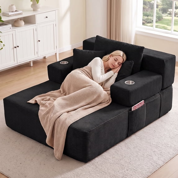 ZIVACATE 60" Chaise Lounge Chair Indoor with 3 Pillows, Oversized Deep Seat Sleeper Couch, Deep Seat Loveseat Chair for Living Room, Black