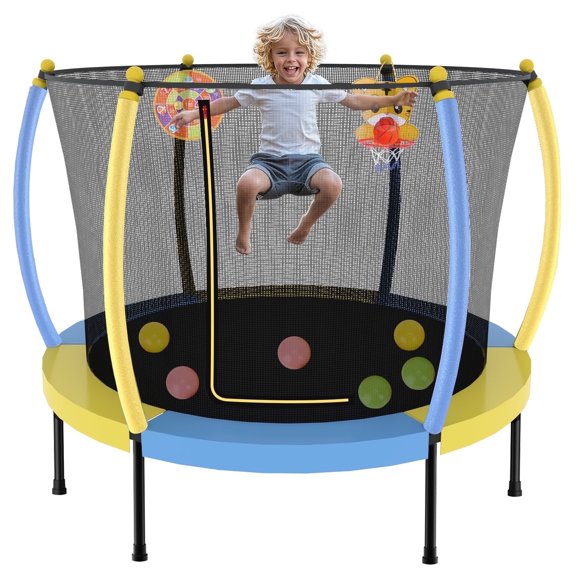 LIZEVINC Indoor Mini Trampoline with Safety Enclosure Net, PVC Spring Cover, 60 Inch, Blue and Yellow
