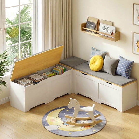 ZIVACATE 63" L Shaped Storage Bench with Cushion, Kitchen Breakfast Nook Benches, Corner Storage Bench for Living Room, Kitchen, Entryway, White and Grey