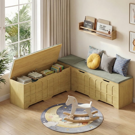 ZIVACATE 63" L Shaped Storage Bench with Cushion, Kitchen Breakfast Nook Benches, Wood Storage Bench with Storage for Dining Room, Kitchen, Entryway(Natural)