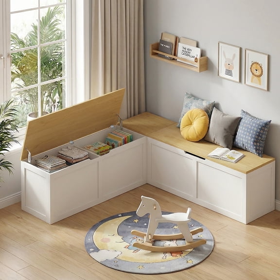 ZIVACATE 63" L Shaped Storage Bench, White Breakfast Nook Benches, Corner Storage Bench with Hidden Storage for Dining Room, Kitchen, Entryway