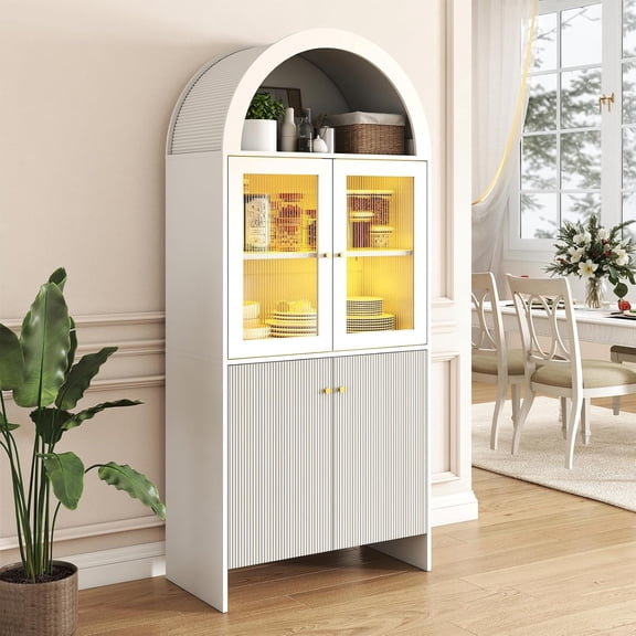 ZIVACATE 69" Tall Arched Kitchen Pantry with 16 Color LED, Modern Kitchen Pantry Storage Cabinets with 2 Wood & 2 Glass Door, 3 Shelves, Versatile Cupboard for Kitchen, Dining Room, Bathroom, White