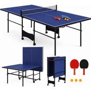 ZIVACATE 8 ft Foldable Portable Ping Pong Table Set with Quick-Clamp Net & Post Set, 2 Paddles, 3 Balls and Playback Mode, for Indoor & Outdoor Use, Blue