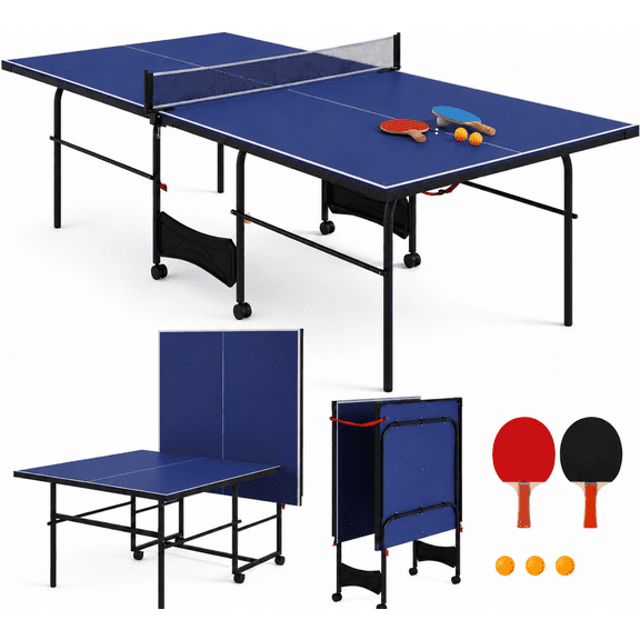 ZIVACATE 8 ft Foldable Portable Ping Pong Table Set with Quick-Clamp Net & Post Set, 2 Paddles, 3 Balls and Playback Mode, for Indoor & Outdoor Use, Blue