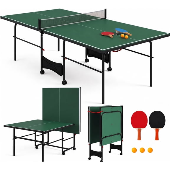 ZIVACATE 8 ft Foldable Portable Ping Pong Table Set with Quick-Clamp Net & Post Set, 2 Paddles, 3 Balls and Playback Mode, for Indoor & Outdoor Use, Green