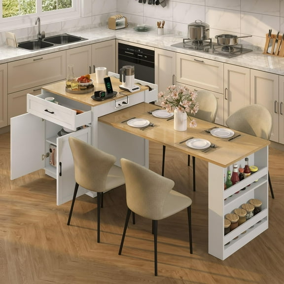 ZIVACATE 82.7"L Expandable Retractable Kitchen Island for 4-6 Person, Faux Marble Top Kitchen Island with Storage Built-in Power Outlet,White